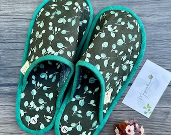 Floral Fabric Slippers: Handmade Washable Quilted Cotton Indoor Shoes, Green Gift for Her