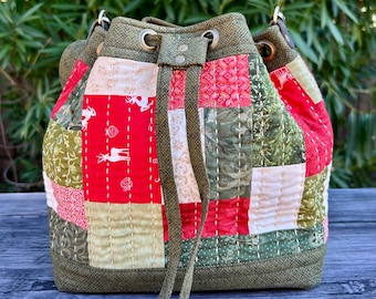 Boro Patchwork Bucket Bag: Handmade Japanese-Inspired Shoulder Bag, Hand-Stitched Cotton Green & Red Purse