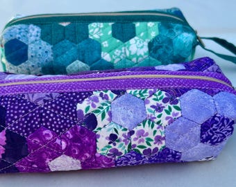 Hexagon Patchwork Pencil Case: Handmade Quilted Cotton Zipper Pouch or Makeup Bag with Handle