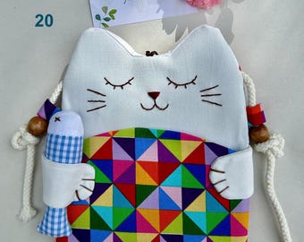 Lucky Cat Crossbody Bag, Handmade Canvas Kitty Purse Fabric Kitten Shoulder Bag