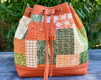 Boro Patchwork Bucket Bag: Handmade Japanese-Inspired Shoulder Bag, Hand-Stitched Cotton Orange & Green Purse