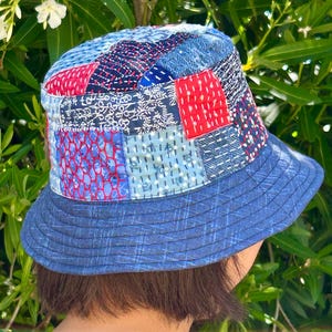Boro Patchwork Bucket Hat: Reversible Denim-Like Cotton Hat, Hand-Stitched Hat, Boro-Style Hat, Japanese-Inspired Hat, Handmade Gift for Her