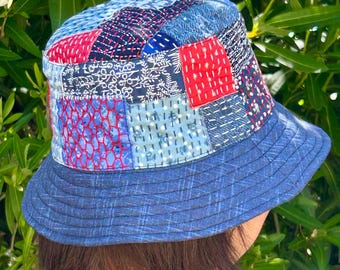 Boro Patchwork Bucket Hat: Handmade Reversible Hand-Stitched Cotton Hat, Japanese-Inspired Gift