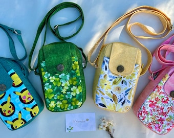 Fabric Cell Phone Crossbody Bag, Handmade Quilted Cotton Small Purse for Cards Keys Sunglasses