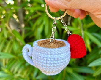 Crochet Coffee Keychain: Handmade Amigurumi Cafe Cup & Heart Bag Charm for Coffee Lovers