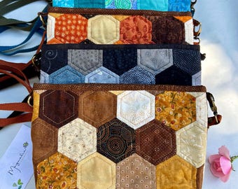 Hexagon Patchwork Crossbody Bag: Handmade Quilted Cotton Shoulder Purse with Zipper, 3cm Hexies
