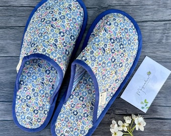 Floral Fabric Slippers: Handmade Washable Quilted Cotton Indoor Shoes, Blue Gift for Her