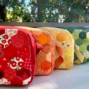 Hexagon Patchwork Crossbody Bag: Handmade Quilted Cotton Shoulder Rectangle Purse with Adjustable Strap