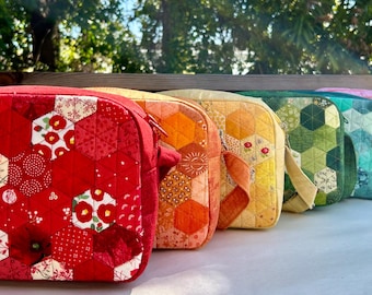 Hexagon Patchwork Crossbody Bag: Handmade Quilted Cotton Shoulder Rectangle Purse with Adjustable Strap