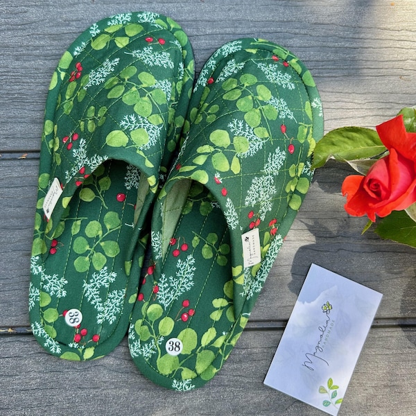 Floral Fabric Slippers, Handmade Washable Quilted Cotton Indoor Shoes, Green Botanical Gift for Her