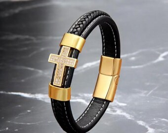 Limited Edition Custom Luxury CZ Cross Leather Bracelet-Perfect Gift