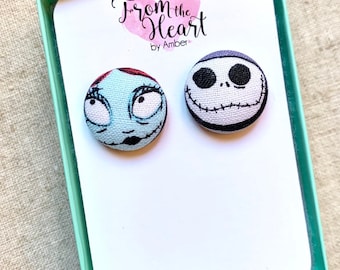 Jack and Sally Earrings, Button Earrings, Nightmare Before Christmas Inspiration, Jewelry, Earrings, Gifts for Her, Halloween