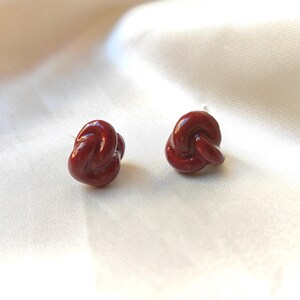 Burgundy Knot Stud Earrings – Autumn Polymer Clay Earrings, Resin Coated, 925 Sterling Silver Post Earrings, Minimal Fall Jewelry Gift