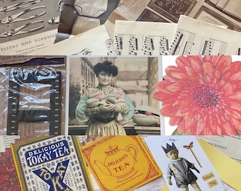 May include: A collage of vintage paper ephemera, including a red and white floral design, a black and white illustration of a woman holding a bouquet of flowers, a black and white illustration of a musical staff, and a black and white illustration of a pair of pliers. The collage also includes a red and white floral design, a black and white illustration of a musical staff, and a black and white illustration of a pair of pliers.