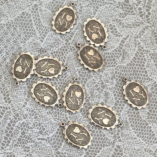 10 Vintage Antique Silver I Love NY Charms / Jewelry Making / Charm Bracelet