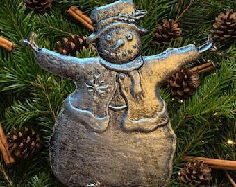 Bethany Lowe Pressed Tin Snowman w/ Snowflake Dangle Ornament / Vintage Christmas