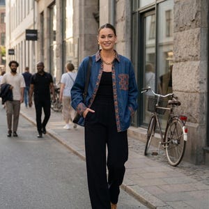 Boho Patchwork Denim Overshirt Dam Storbritannien | Hantverksmässig hållbar jacka
