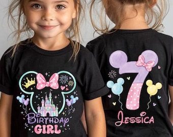 Two-sided Birthday Girl Castle Shirt, Minnie Bow Head Balloon Tee, Custom Name Princess Birthday Outfit, Disneyland Vacation Outfit