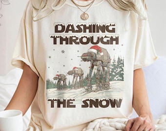 Vintage Dashing Through The Snow T-shirt, AT-AT Walker Santa Outfit, Disney Star Wars Parody Christmas Tee, Retro Sci-Fi Xmas Shirt