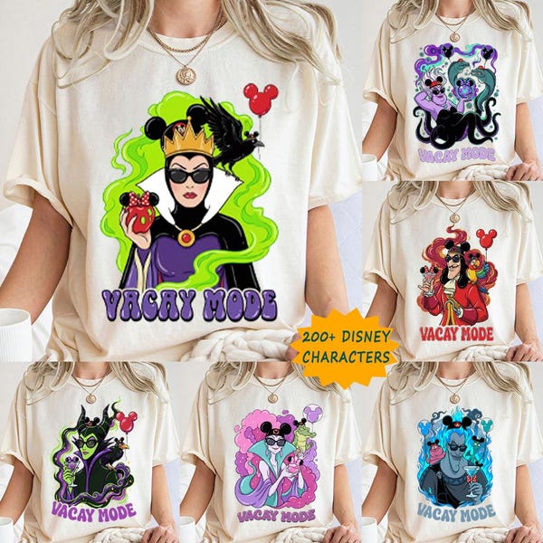 Camiseta personalizada de Disney Villanos Modo Vacaciones, camiseta con arte neón de la Reina Malvada Úrsula y Maléfica, camiseta retro de villanos con orejas de Mickey y globo