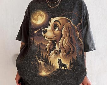 Lady Dog Howling to the Moon T-shirt, Magical Lady n the Tramp Full Moon Tee, 90s Full Moon Animals Kingdom Top Wear