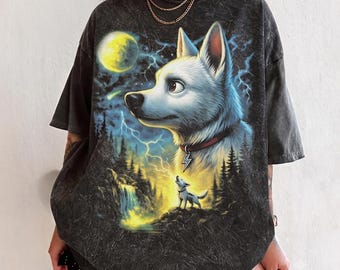 Disney Bolt Dog Howling to the Moon T-Shirt, Disney Dog Hero Graphic Tee, 90s Full Moon Animals Fantasy Shirt