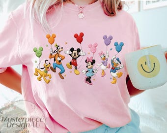 EMBROIDERED Mickey And Friends Balloon Shirt, Mickey Minnie Goofy Donald Embroidery Tee, Disney Friends Embroidered T-shirt