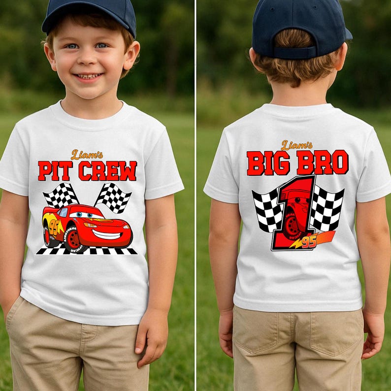 May include: White t-shirt with a red race car graphic and the text "Liam's PIT CREW". The back of the shirt features the text "Liam's BIG BRO" with a number one and a race car graphic. Checkered flags are also included.