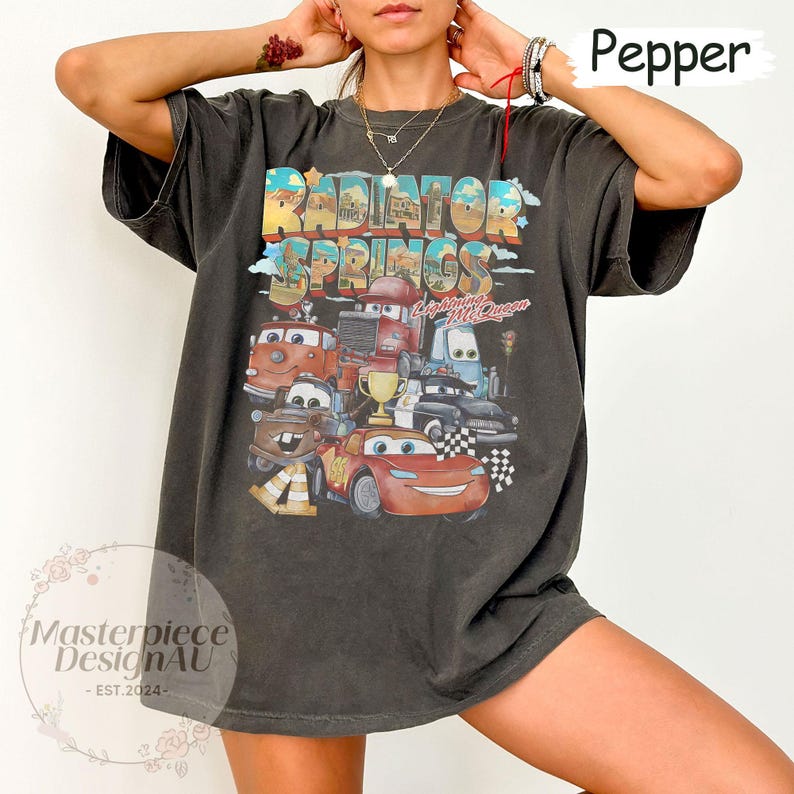 May include: A dark gray t-shirt with a graphic print of the Cars characters from the movie Cars. The graphic includes the text "Radiator Springs" and "Lightning McQueen".