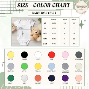 Pu&ograve; includere: Tabella delle taglie e dei colori per body da bambino. Le misure sono in pollici, per taglie da Neonato a 24 mesi. Le opzioni di colore includono Burro, Nero, Bianco, Rosso, Rosa e Carbone. La tabella mostra la lunghezza della manica.