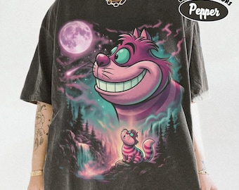 Cheshire Cat Howling to the Moon T-Shirt, Alice in Wonderland Cat Pink Tee, Magical 90s Full Moon Animals Top