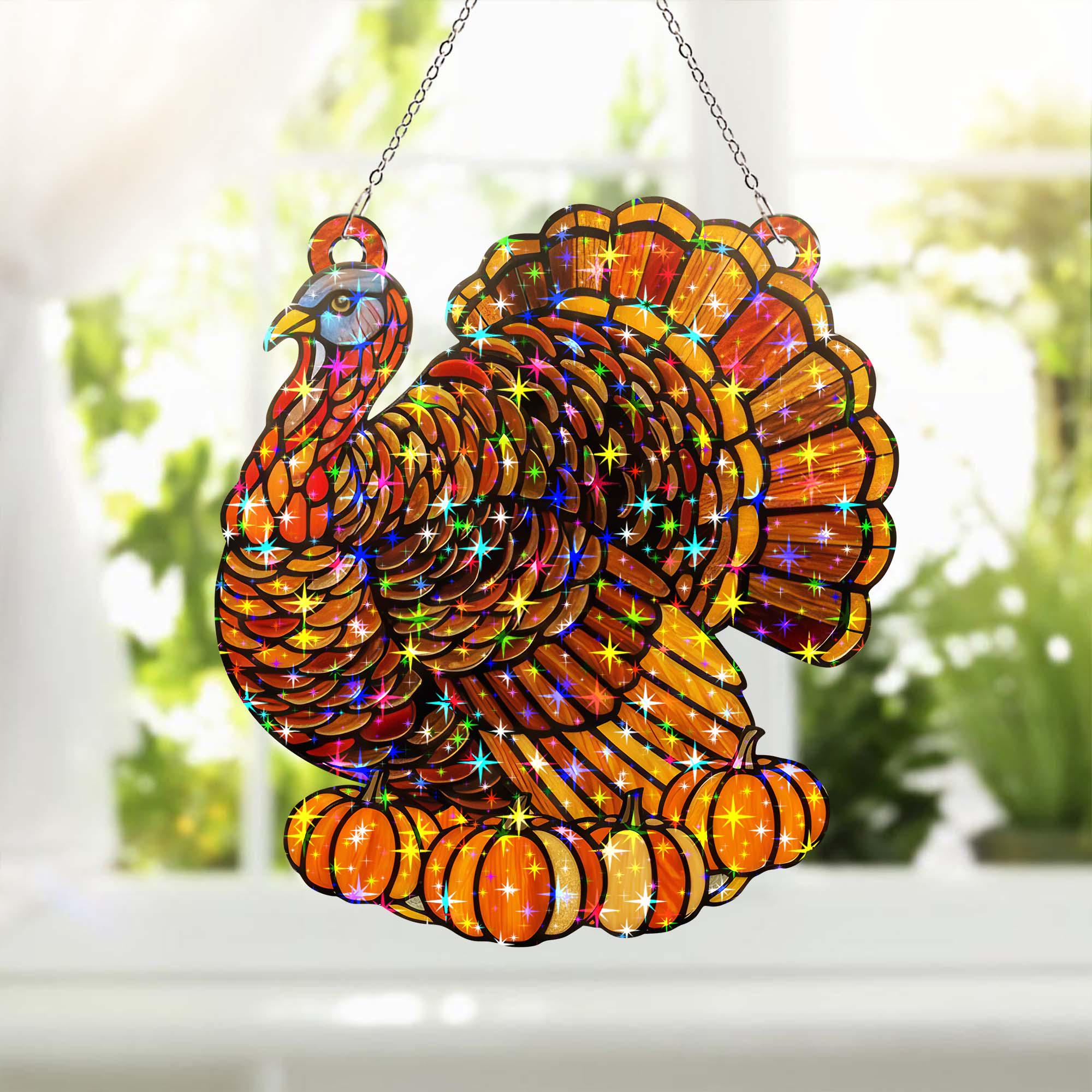 Thanksgiving Turkey Suncatcher, Turkey With Pumpkins Acrylic Fall ...