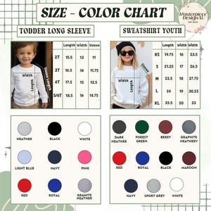 Pu&ograve; includere: Una tabella delle taglie e dei colori per magliette a maniche lunghe per bambini piccoli e felpe per ragazzi. La tabella include misure in cm per lunghezza, larghezza e lunghezza delle maniche, insieme a campioni di colore.