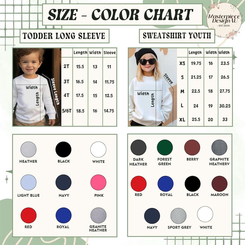 Pu&ograve; includere: Una tabella delle taglie e dei colori per magliette a maniche lunghe per bambini piccoli e felpe per ragazzi. La tabella include misure in cm per lunghezza, larghezza e lunghezza delle maniche, insieme a campioni di colore.
