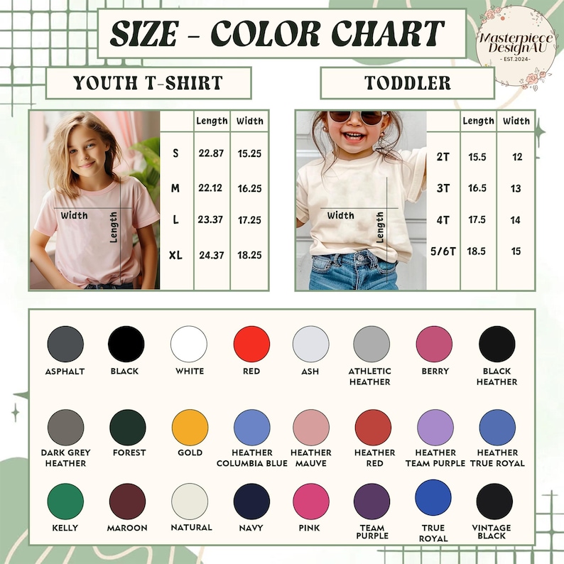 May include: Size chart for youth and toddler t-shirts. The chart shows the length and width measurements in inches for different sizes. The chart also includes a color chart with various colors for the t-shirts.