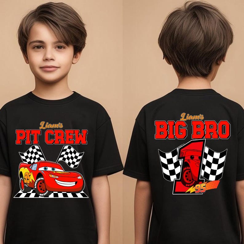 Custom Name Age Cars Pit Crew T-shirt, Lightning McQueen Big Brother Shirt, Kids Birthday Outfit image 2