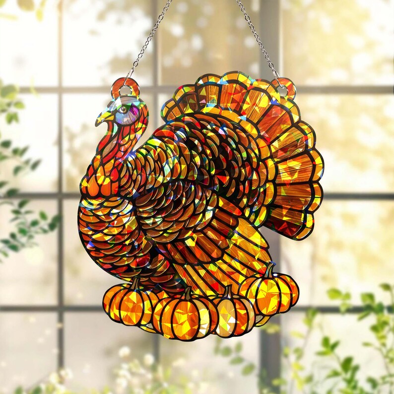 Thanksgiving Turkey Suncatcher, Turkey With Pumpkins Acrylic Fall ...