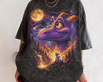 Figment Dragon Howling to the Moon T-Shirt, Magical Park 90s Full Moon Animals Top