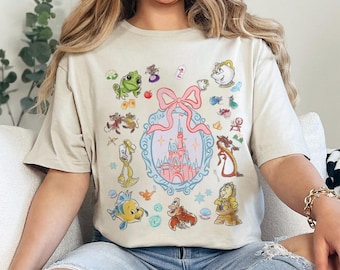 Retro Coquette Bow Disney Castle Shirt, Princess Sidekicks T-Shirt, Tiana Frog Gus Jaq Lumiere Collage Tee, Magic Kingdom Girl Trip Outfit