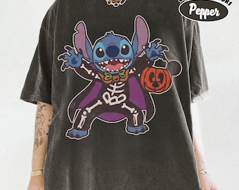 Halloween Stitch Skeleton Vampire T-Shirt, Spooky Lilo Stitch Costume Tee, Magical Kingdom Mickey Pumpkin Bucket Top