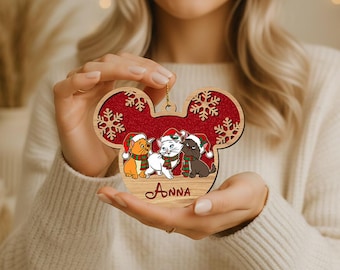 Personalized The Aristocats Glitter Wood Ornament, Berlioz Marie & Toulouse wear Santa Hat Ornament, Custom Name Glitter Ornament
