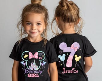 Two-sided Birthday Girl Castle Shirt, Minnie Bow Head Balloon Tee, Custom Name Princess Birthday Outfit, Disneyland Vacation Outfit