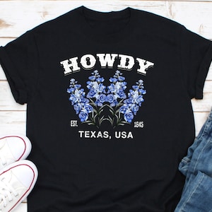 Bonjour Est. Chemise 1845 Texas USA, meilleure chemise Texas, chemise de voyage Texas, cadeau pour un Texan, chemise villes du Texas, chemise Howdy Bluebonnets