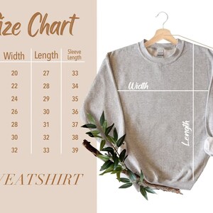 May include: A light gray sweatshirt displayed on a hanger, with measurements for width, length, and sleeve length. A size chart on the left shows sizes S to 4XL, with corresponding measurements in inches. The word SWEATSHIRT is at the bottom.