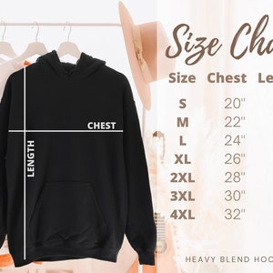 May include: Size chart for a heavy blend hoodie with measurements in inches for chest and length. Sizes range from S to 4XL.