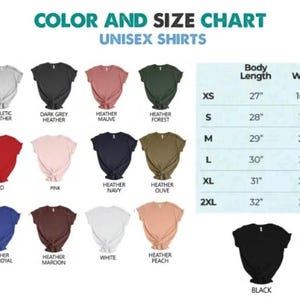 The image is a color and size chart for unisex t-shirts, displaying various color options and corresponding sizes.