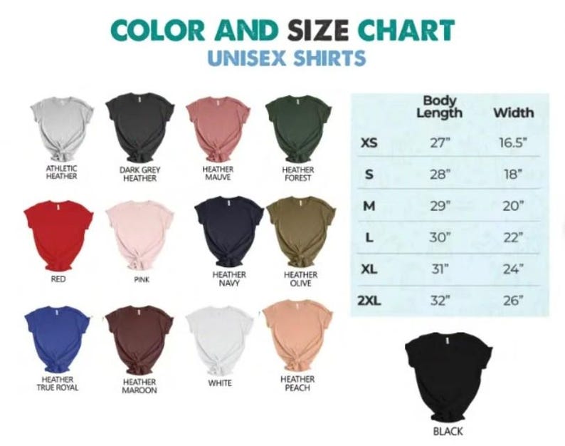 The image is a color and size chart for unisex t-shirts, displaying various color options and corresponding sizes.