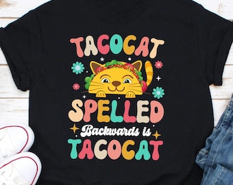 Camiseta de Taco Cat, la frase "Taco Cat" escrita al revés es "Taco Cat", camiseta del día del taco, linda camiseta de gato con tacos, amante de los gatos, martes de tacos todos los días