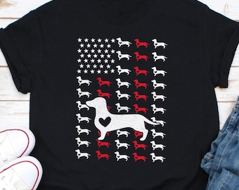 Camiseta com bandeira americana para cachorro dachshund, presente patriótico para donos de cachorros, camiseta para amantes de cachorros com bandeira dos EUA, presente para amantes de dachshunds, camiseta para amantes de salsichas, pai e mãe de cachorros