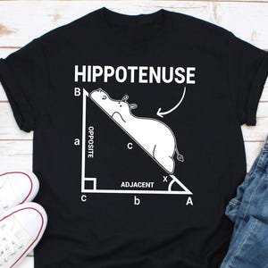 Può includere: Maglietta nera con una grafica bianca di un ippopotamo sdraiato su un triangolo rettangolo. Il triangolo è etichettato con i termini "ipotenusa", "opposto", "adiacente" e "x".